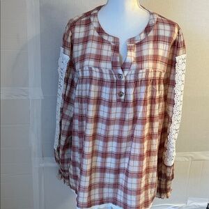Oddi Womens V-Neck Button Placket Peach Plaid Shirt. Sz 1XL